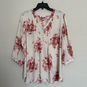 Rose + Olive White Floral Polka Dot Pintuck Popover Blouse Size 1X Boho Flowy